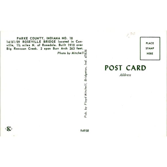 Roseville Covered Bridge Postcard Travel Souvenir Unposted Parke County Indiana - Picture 2 of 2